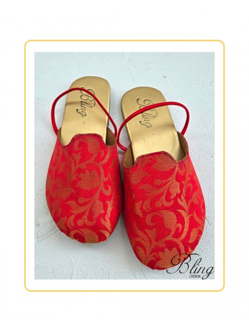 Red brocade mules