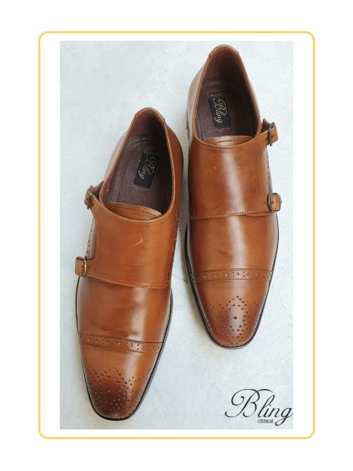 Double buckle tan loafers