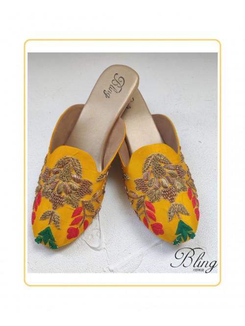 Yellow Resham work Mules